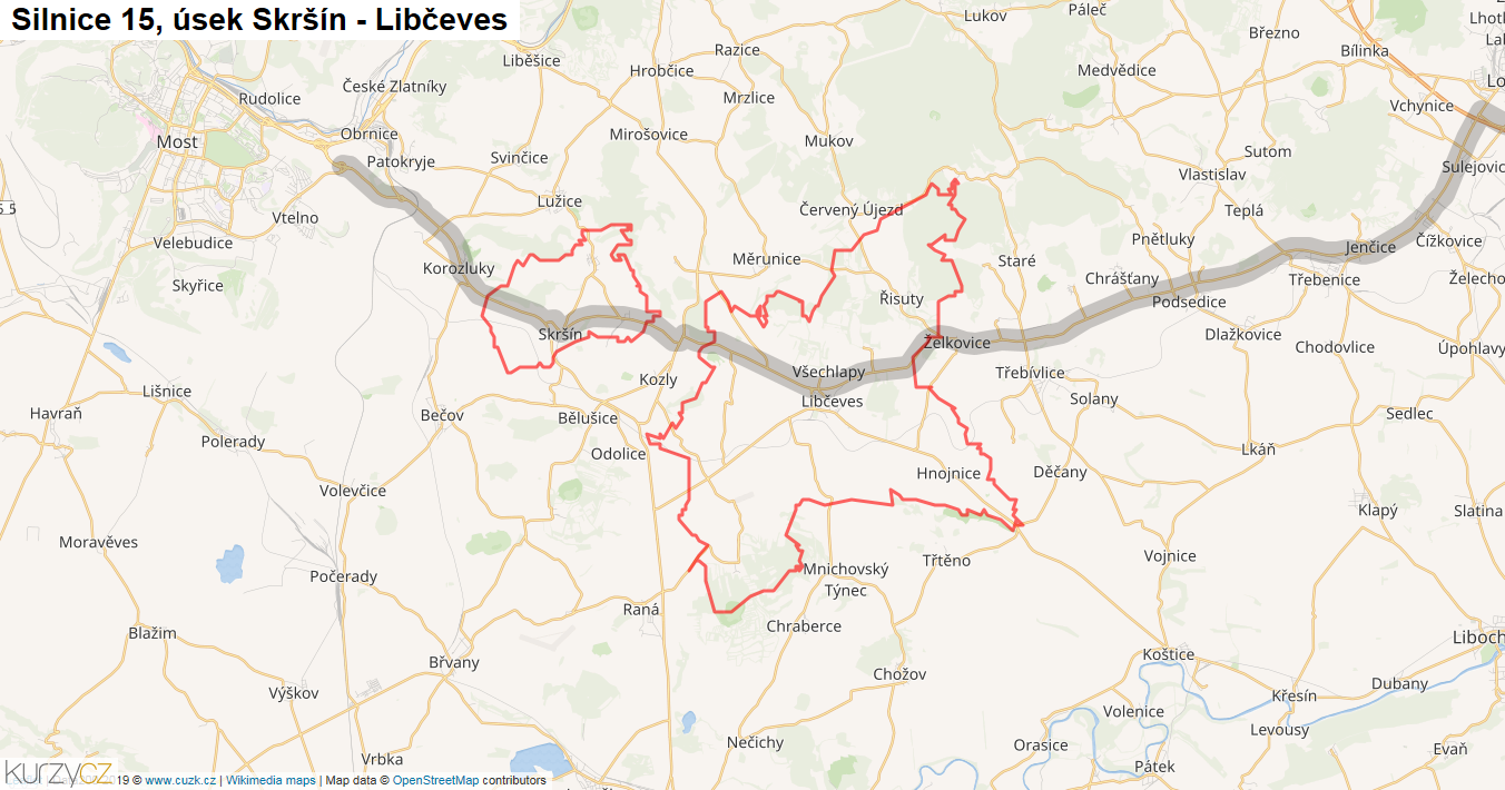 Úsek Skršín - Libčeves, Silnice 15 - Mapa