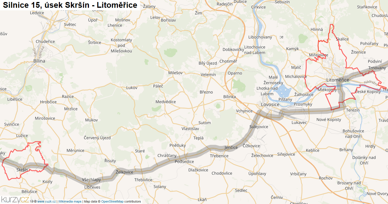 Úsek Skršín - Litoměřice, Silnice 15 - Mapa