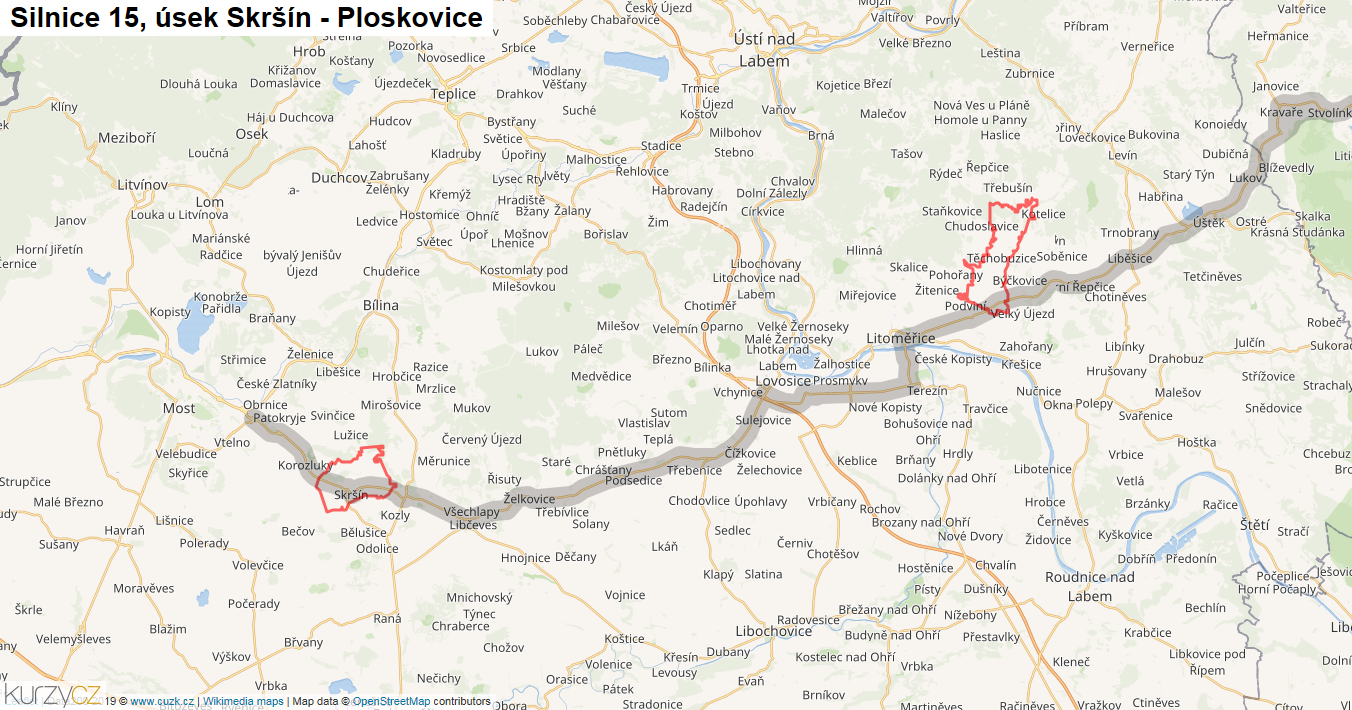Úsek Skršín - Ploskovice, Silnice 15 - Mapa