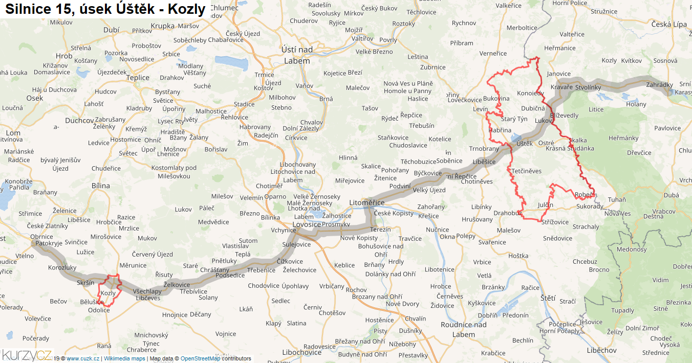 Úsek Úštěk - Kozly, Silnice 15 - Mapa