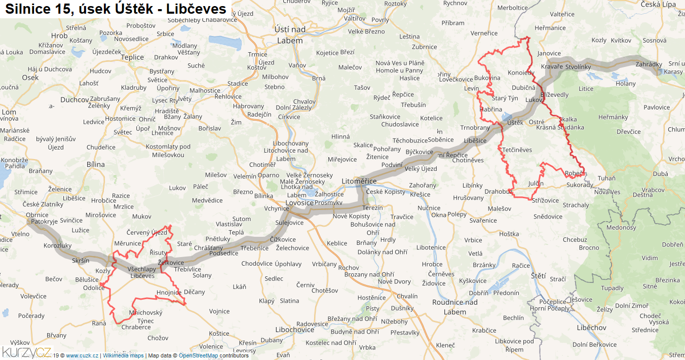 Úsek Úštěk - Libčeves, Silnice 15 - Mapa