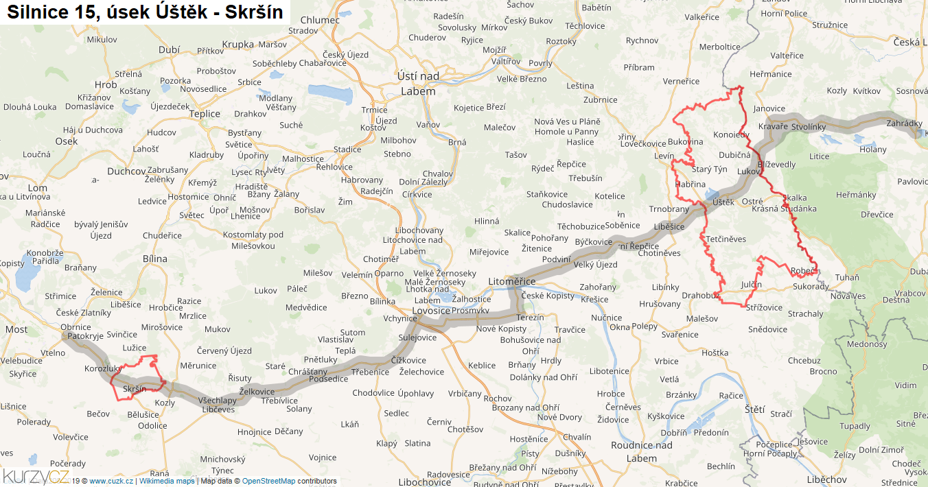 Úsek Úštěk - Skršín, Silnice 15 - Mapa