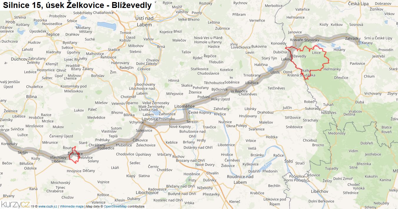 Úsek Želkovice - Blíževedly, Silnice 15 - Mapa