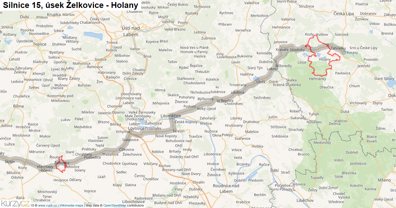 Úsek Želkovice - Holany, Silnice 15 - Mapa