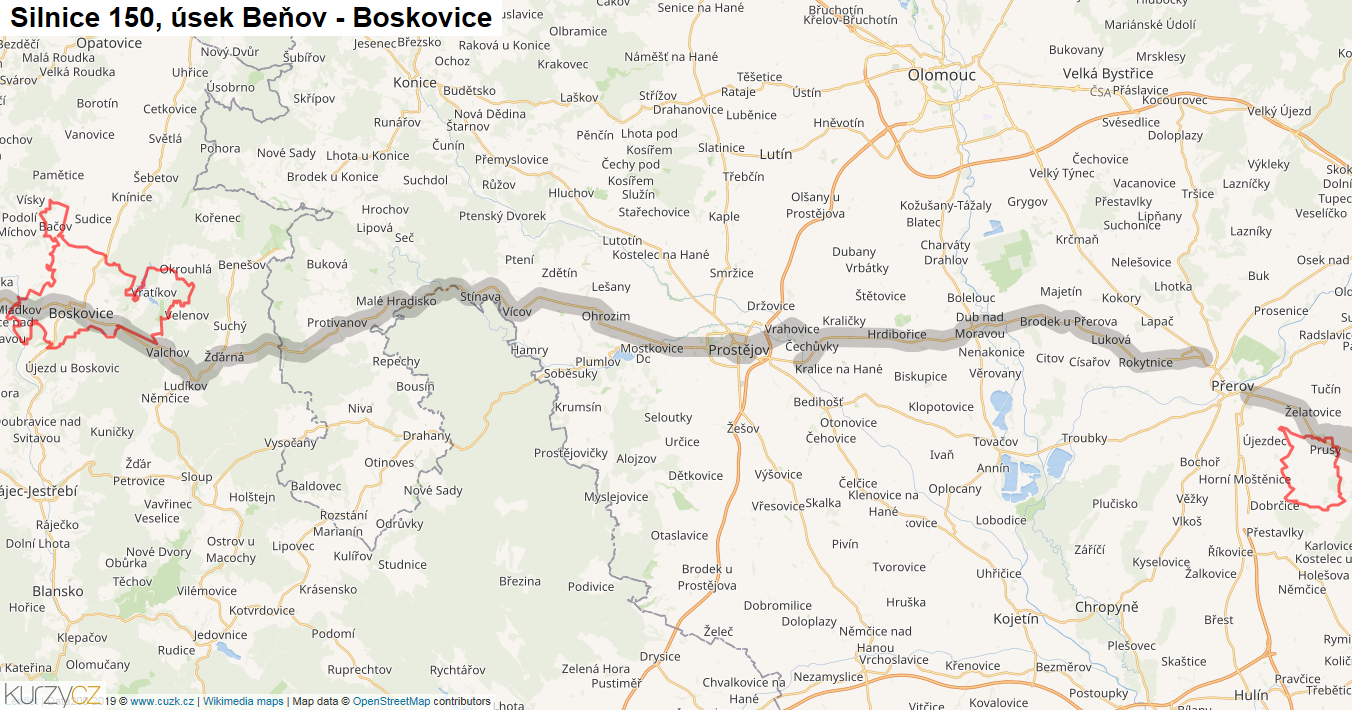 Úsek Beňov - Boskovice, Silnice 150 - Mapa