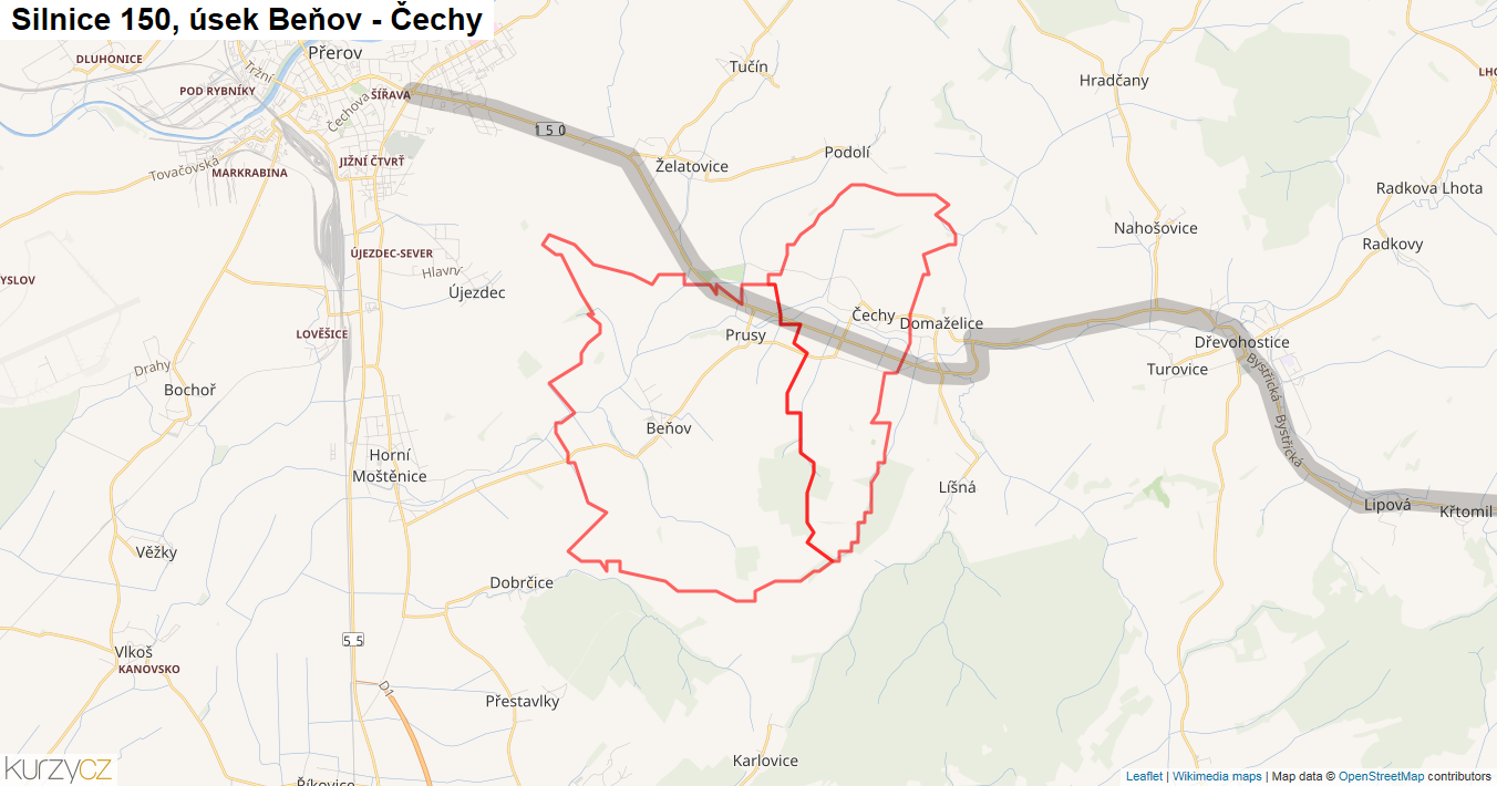 Úsek Beňov - Čechy, Silnice 150 - Mapa