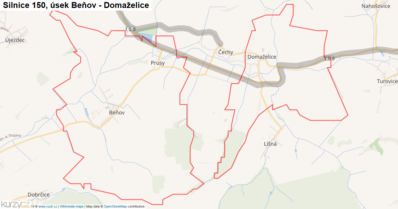 Úsek Beňov - Domaželice, Silnice 150 - Mapa