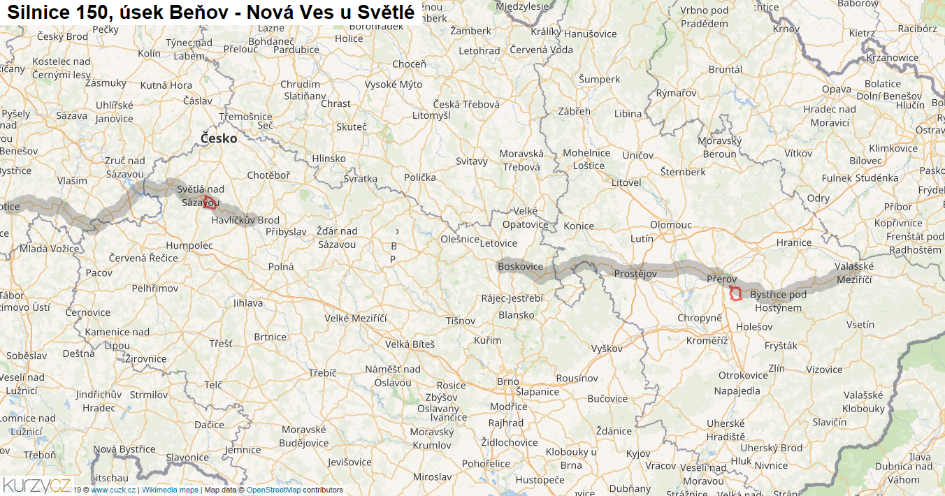 Úsek Beňov - Nová Ves u Světlé, Silnice 150 - Mapa