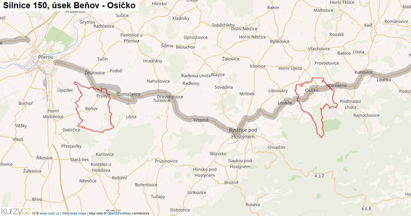 Úsek Beňov - Osíčko, Silnice 150 - Mapa