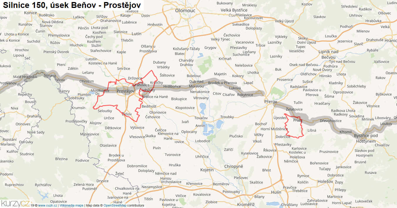 Úsek Beňov - Prostějov, Silnice 150 - Mapa