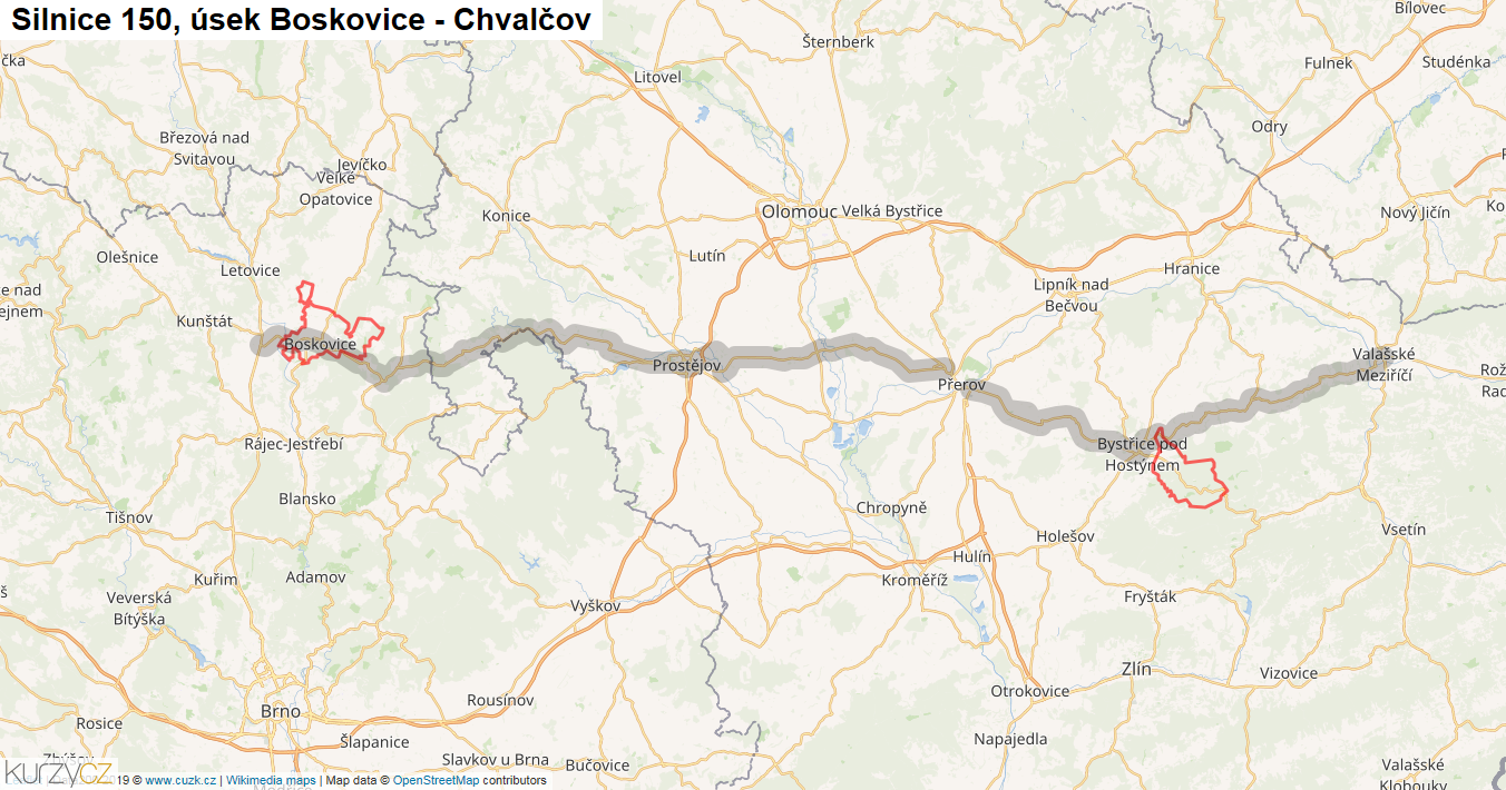 Úsek Boskovice - Chvalčov, Silnice 150 - Mapa