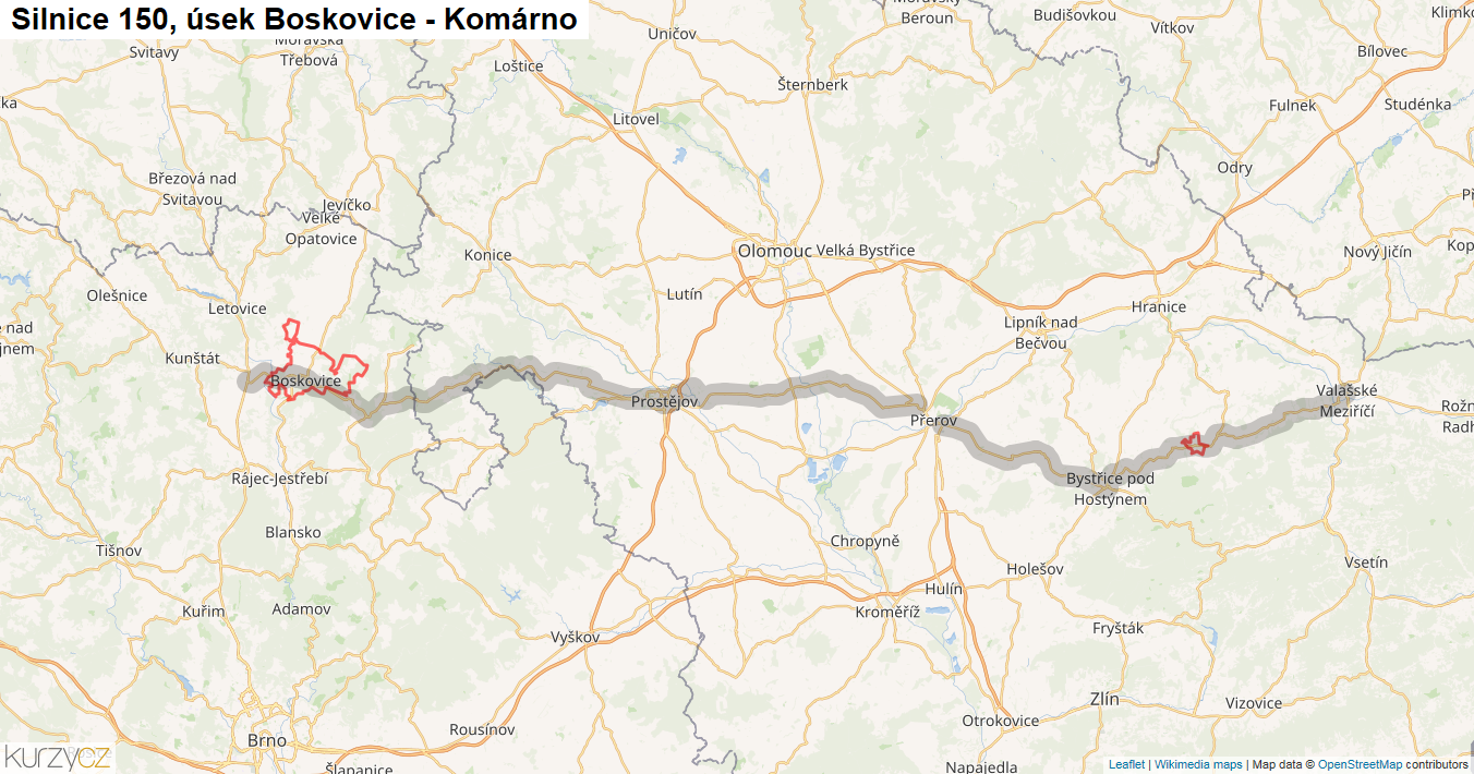 Úsek Boskovice - Komárno, Silnice 150 - Mapa