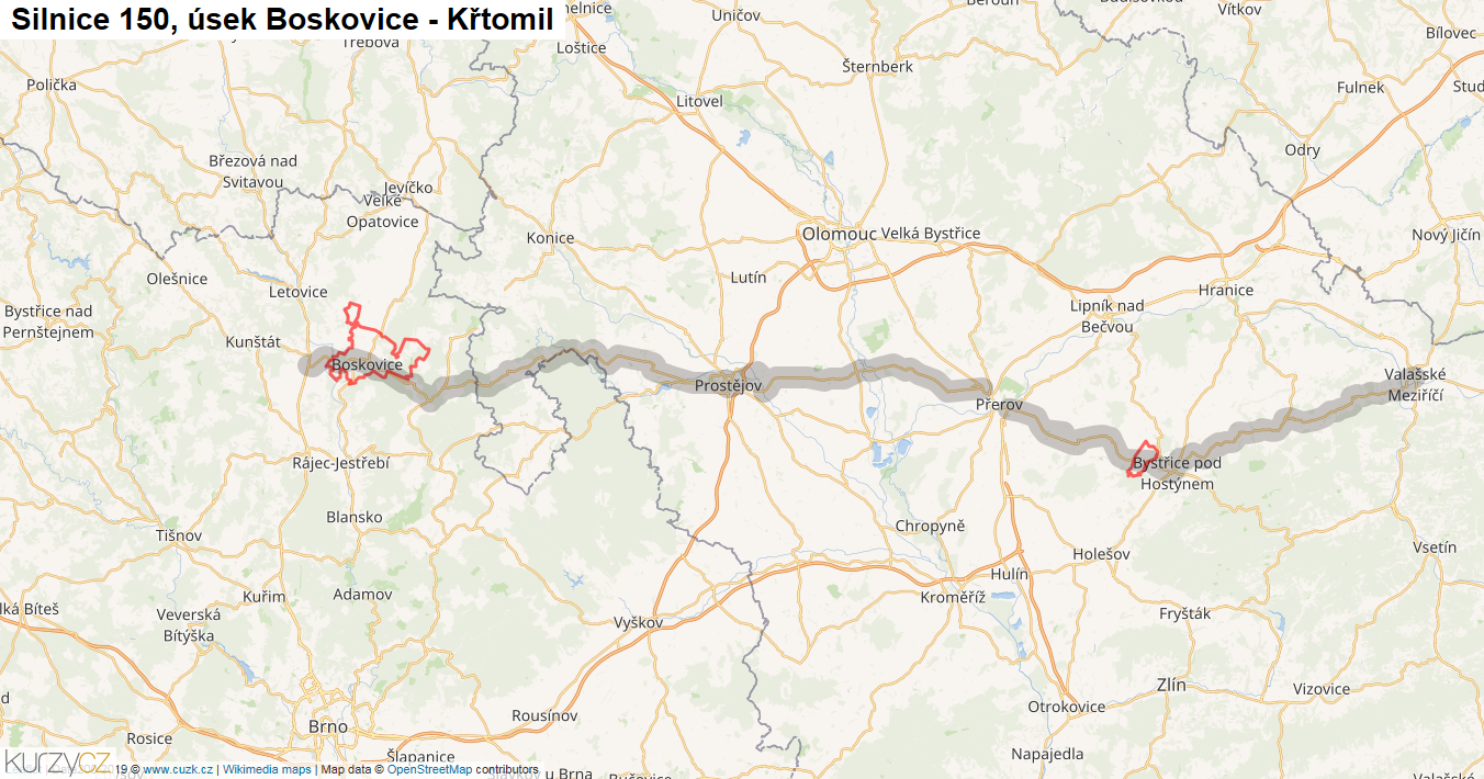 Úsek Boskovice - Křtomil, Silnice 150 - Mapa