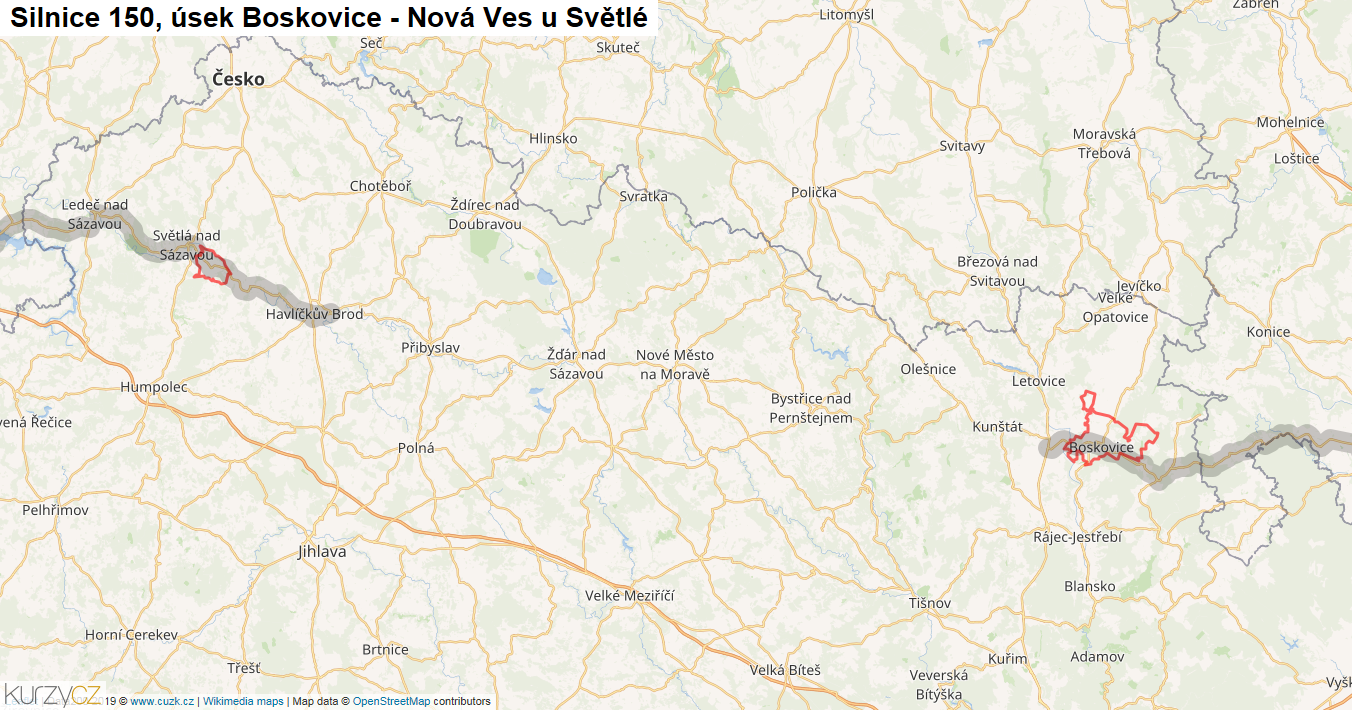 Úsek Boskovice - Nová Ves u Světlé, Silnice 150 - Mapa