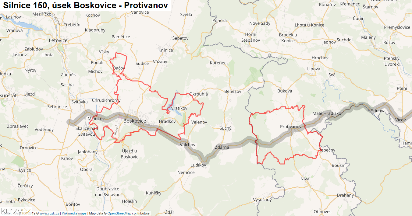 Úsek Boskovice - Protivanov, Silnice 150 - Mapa