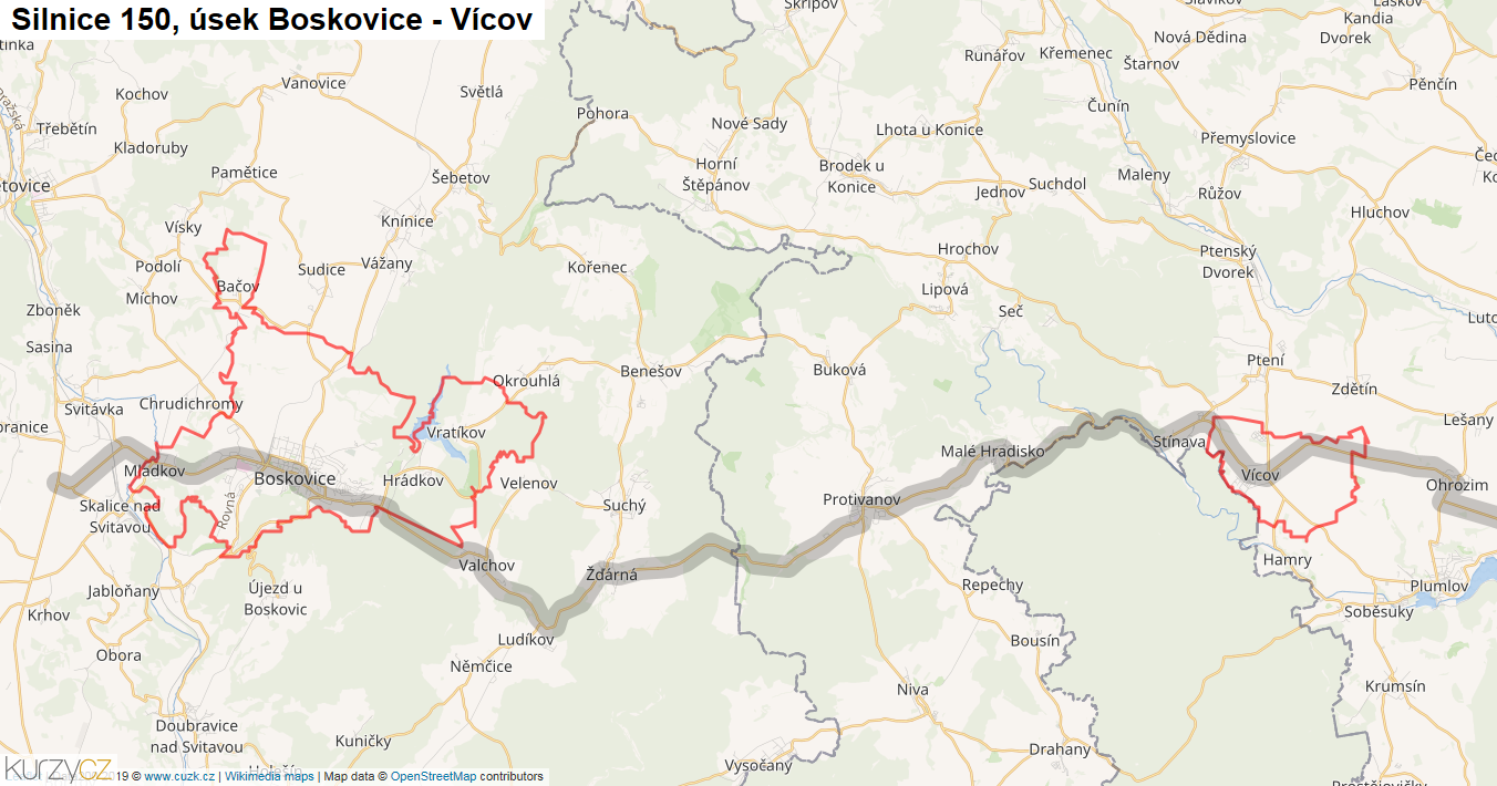 Úsek Boskovice - Vícov, Silnice 150 - Mapa