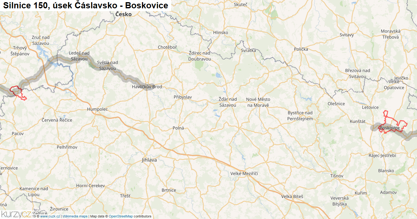 Úsek Čáslavsko - Boskovice, Silnice 150 - Mapa
