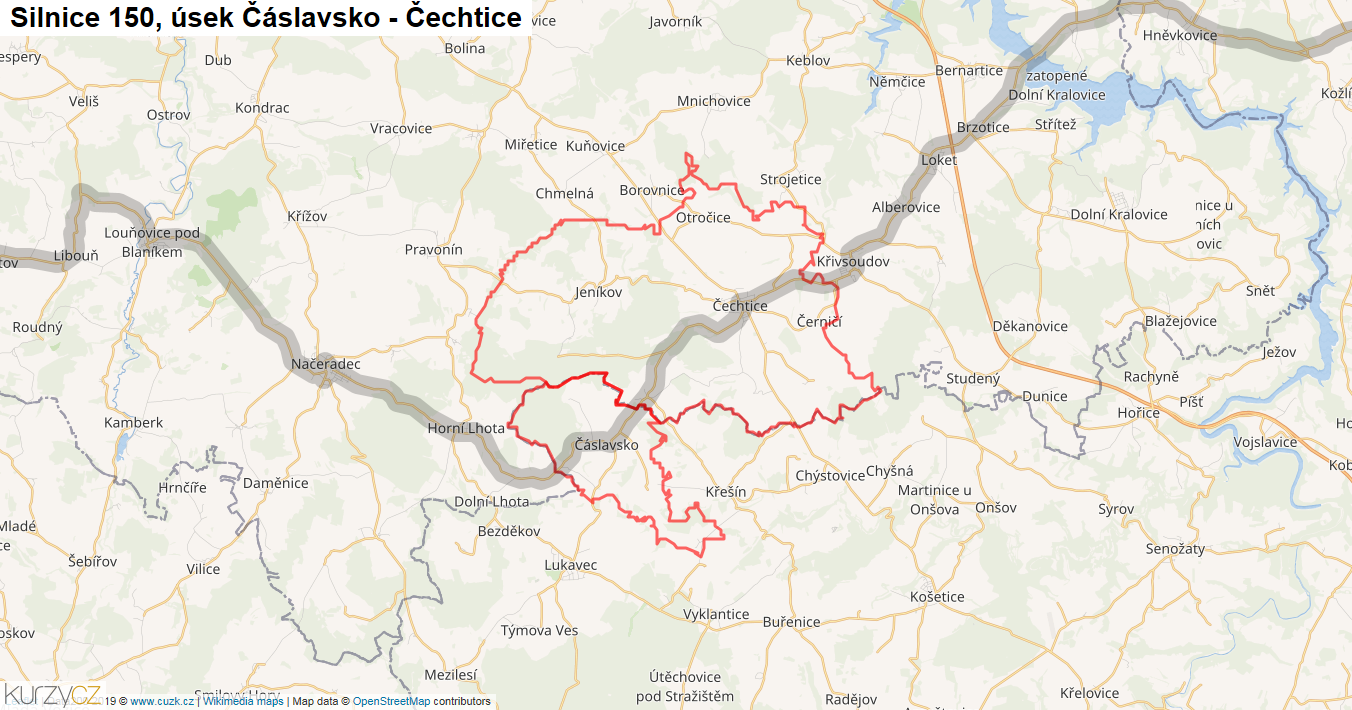 Úsek Čáslavsko - Čechtice, Silnice 150 - Mapa