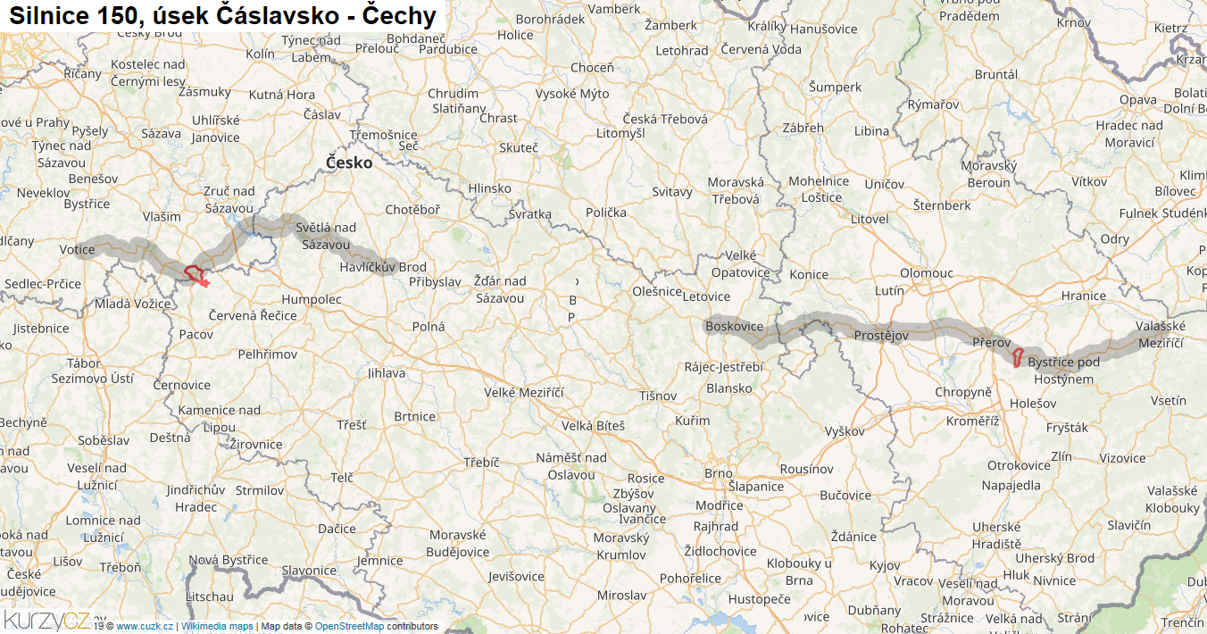Úsek Čáslavsko - Čechy, Silnice 150 - Mapa