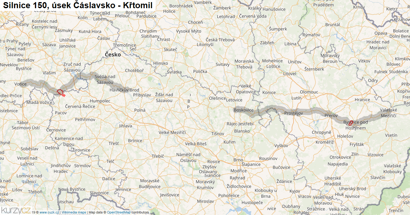 Úsek Čáslavsko - Křtomil, Silnice 150 - Mapa