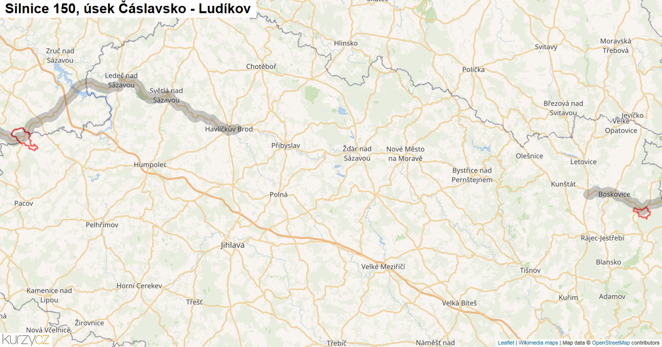 Úsek Čáslavsko - Ludíkov, Silnice 150 - Mapa
