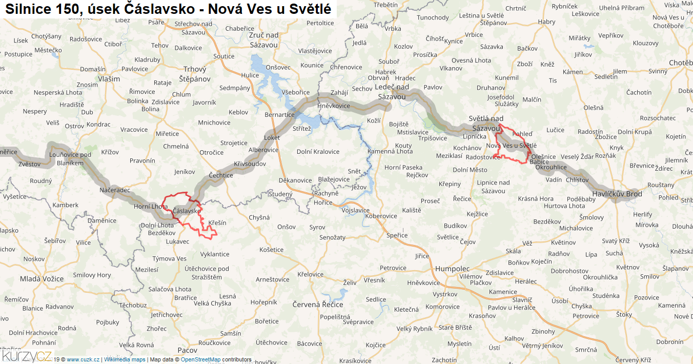 Úsek Čáslavsko - Nová Ves u Světlé, Silnice 150 - Mapa