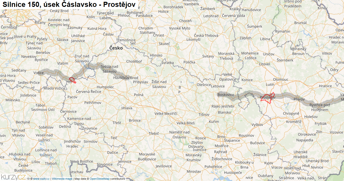 Úsek Čáslavsko - Prostějov, Silnice 150 - Mapa