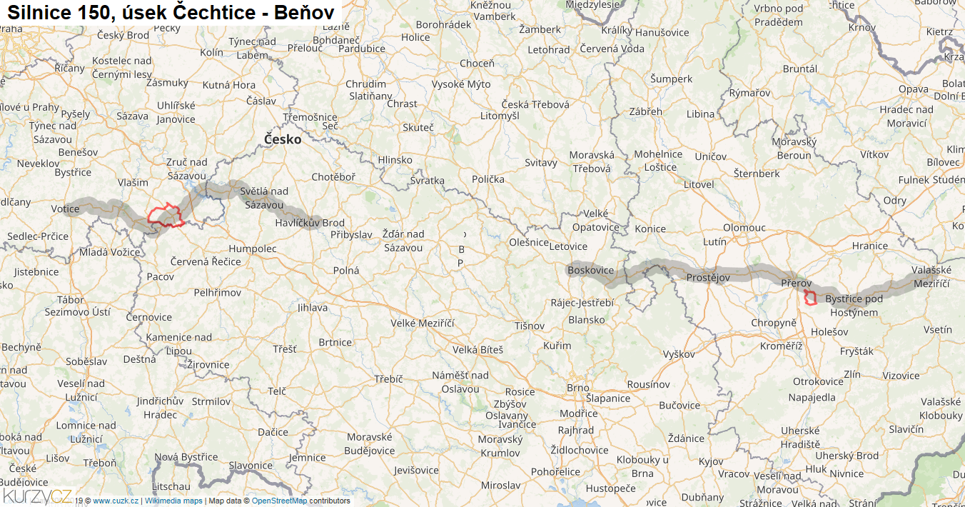 Úsek Čechtice - Beňov, Silnice 150 - Mapa