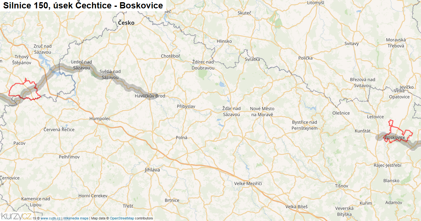 Úsek Čechtice - Boskovice, Silnice 150 - Mapa