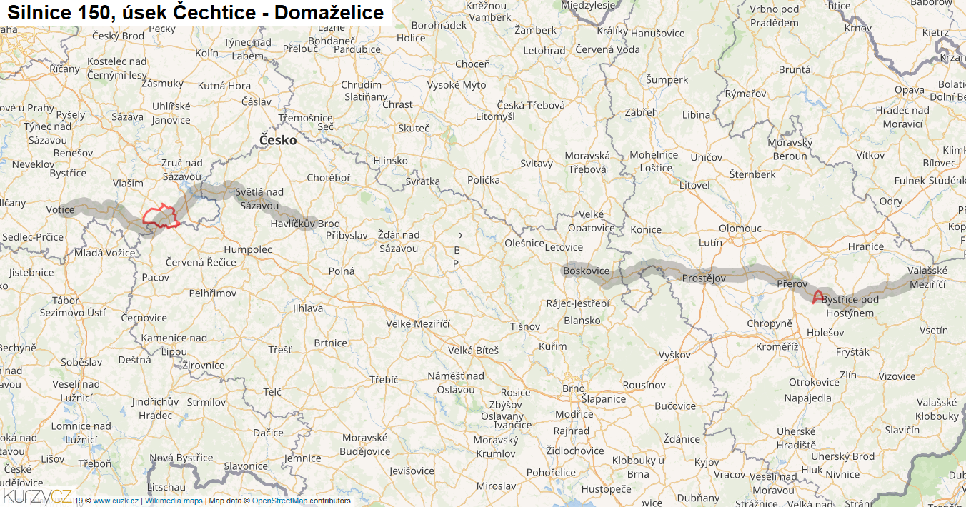 Úsek Čechtice - Domaželice, Silnice 150 - Mapa