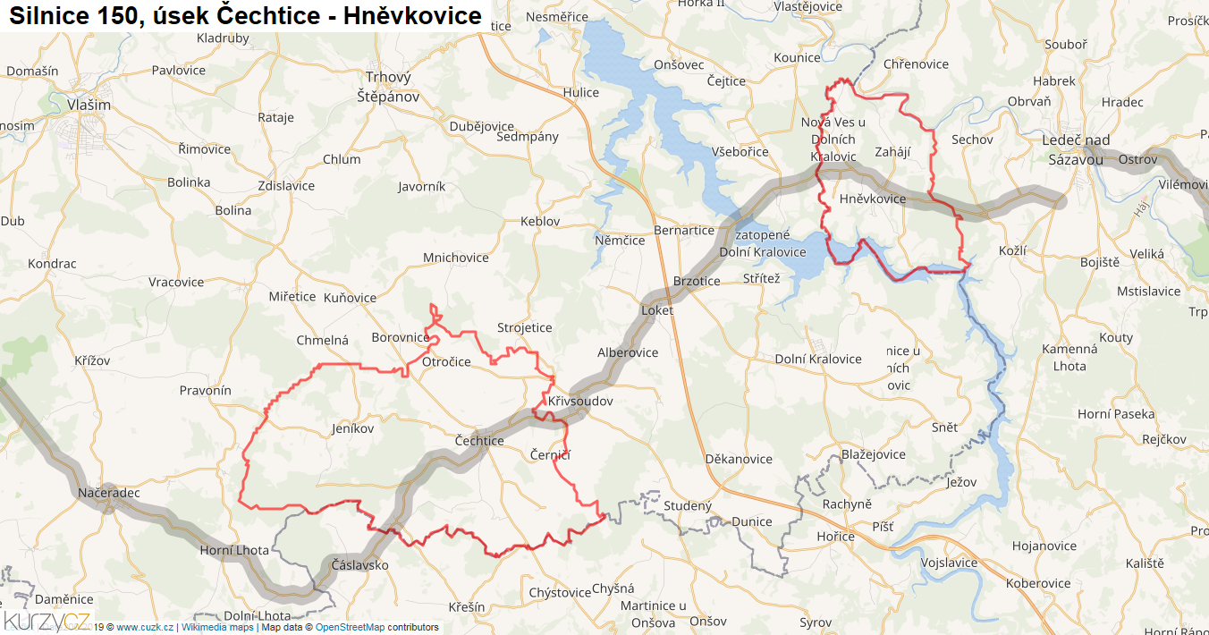 Úsek Čechtice - Hněvkovice, Silnice 150 - Mapa