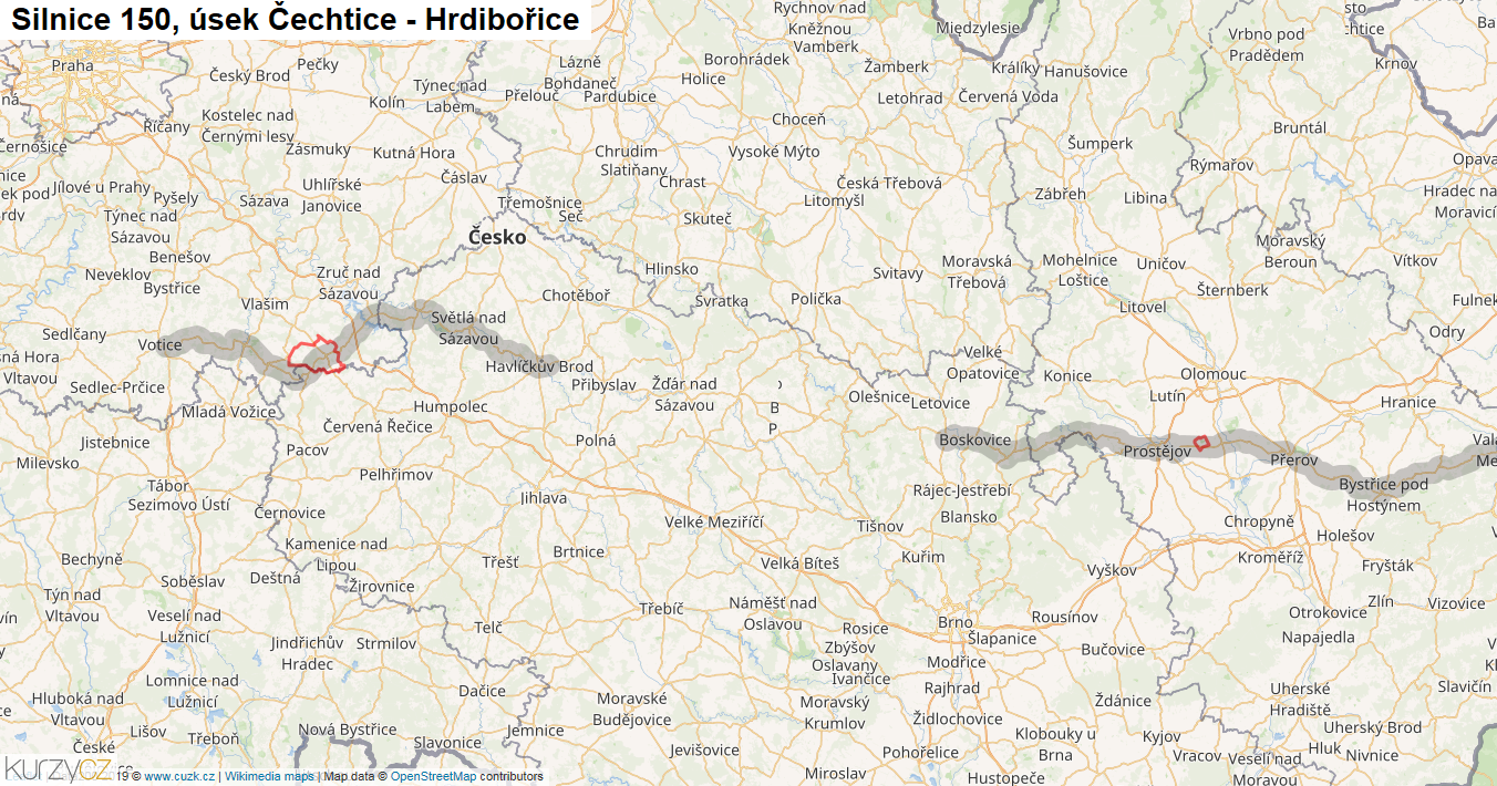 Úsek Čechtice - Hrdibořice, Silnice 150 - Mapa