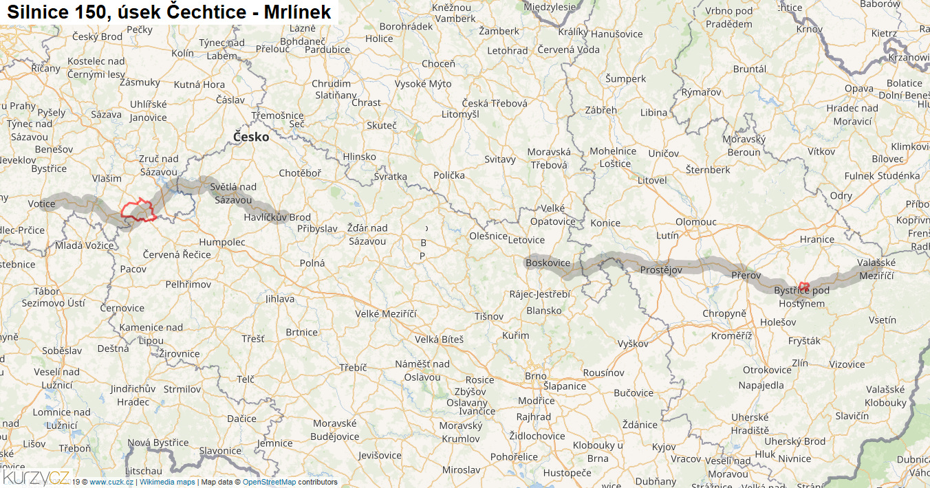 Úsek Čechtice - Mrlínek, Silnice 150 - Mapa