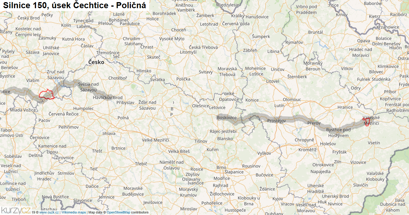 Úsek Čechtice - Poličná, Silnice 150 - Mapa