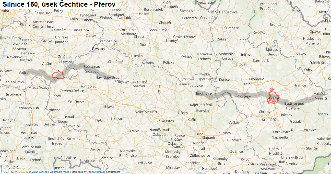 Úsek Čechtice - Přerov, Silnice 150 - Mapa