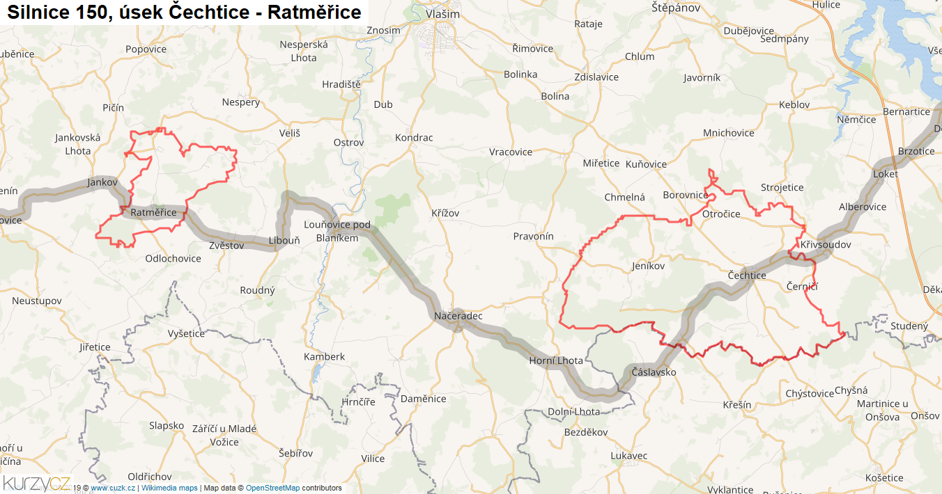 Úsek Čechtice - Ratměřice, Silnice 150 - Mapa