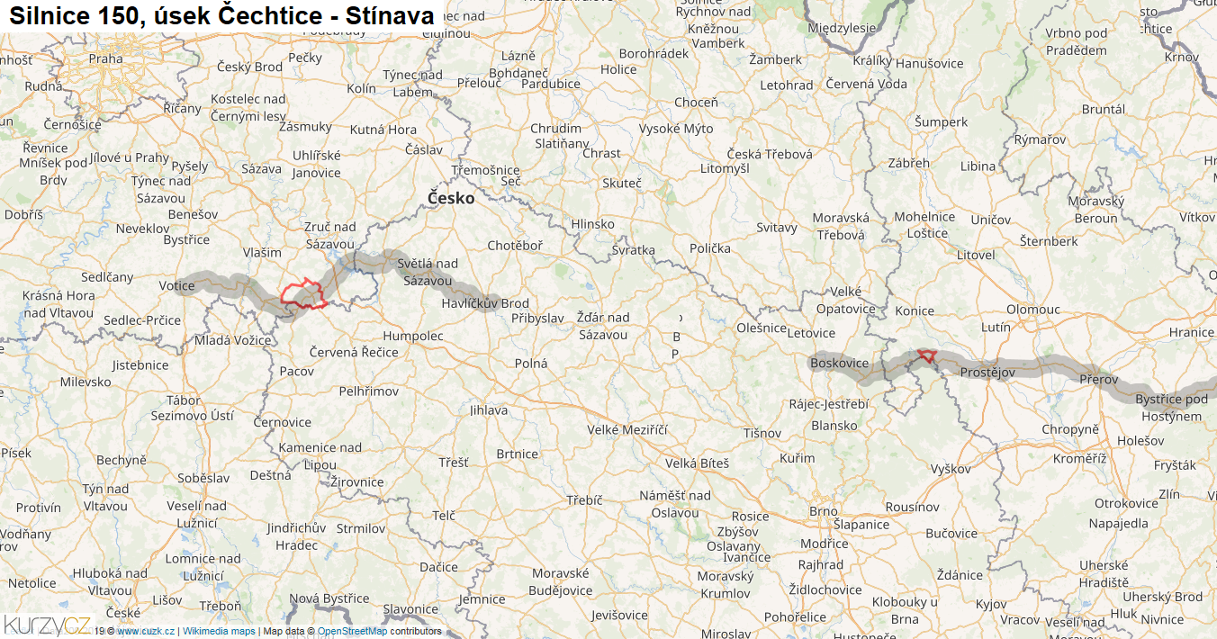 Úsek Čechtice - Stínava, Silnice 150 - Mapa