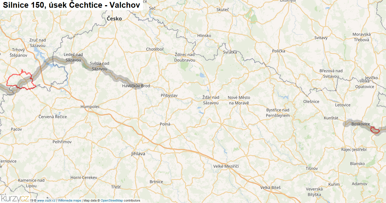 Úsek Čechtice - Valchov, Silnice 150 - Mapa