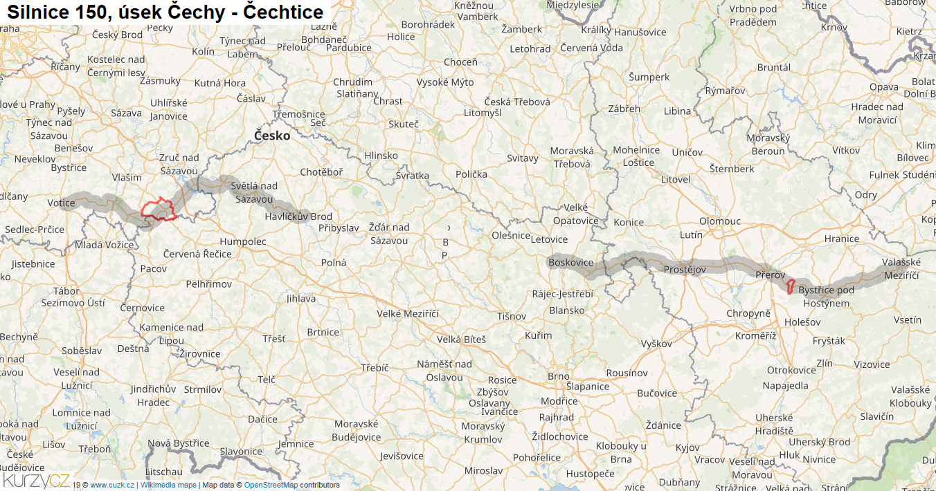 Úsek Čechy - Čechtice, Silnice 150 - Mapa