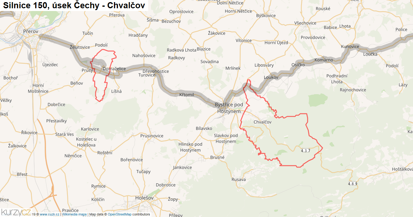Úsek Čechy - Chvalčov, Silnice 150 - Mapa