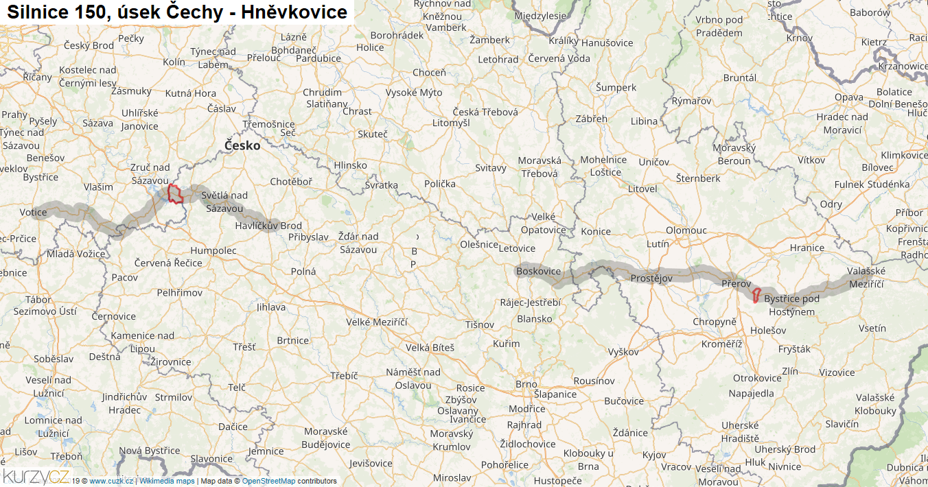 Úsek Čechy - Hněvkovice, Silnice 150 - Mapa