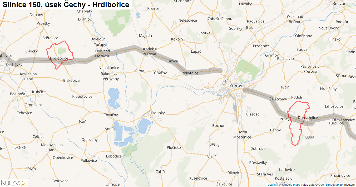 Úsek Čechy - Hrdibořice, Silnice 150 - Mapa