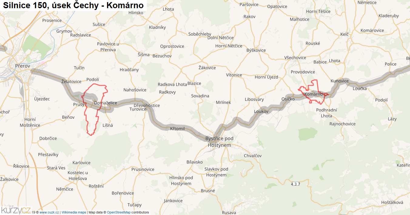 Úsek Čechy - Komárno, Silnice 150 - Mapa