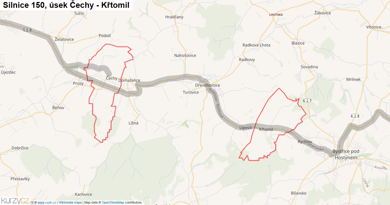 Úsek Čechy - Křtomil, Silnice 150 - Mapa