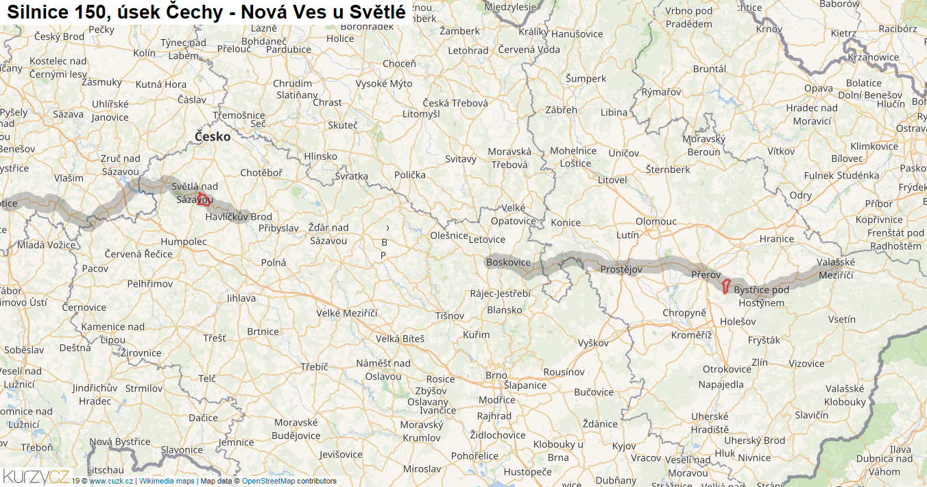 Úsek Čechy - Nová Ves u Světlé, Silnice 150 - Mapa