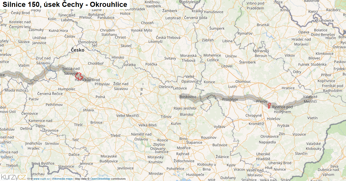 Úsek Čechy - Okrouhlice, Silnice 150 - Mapa