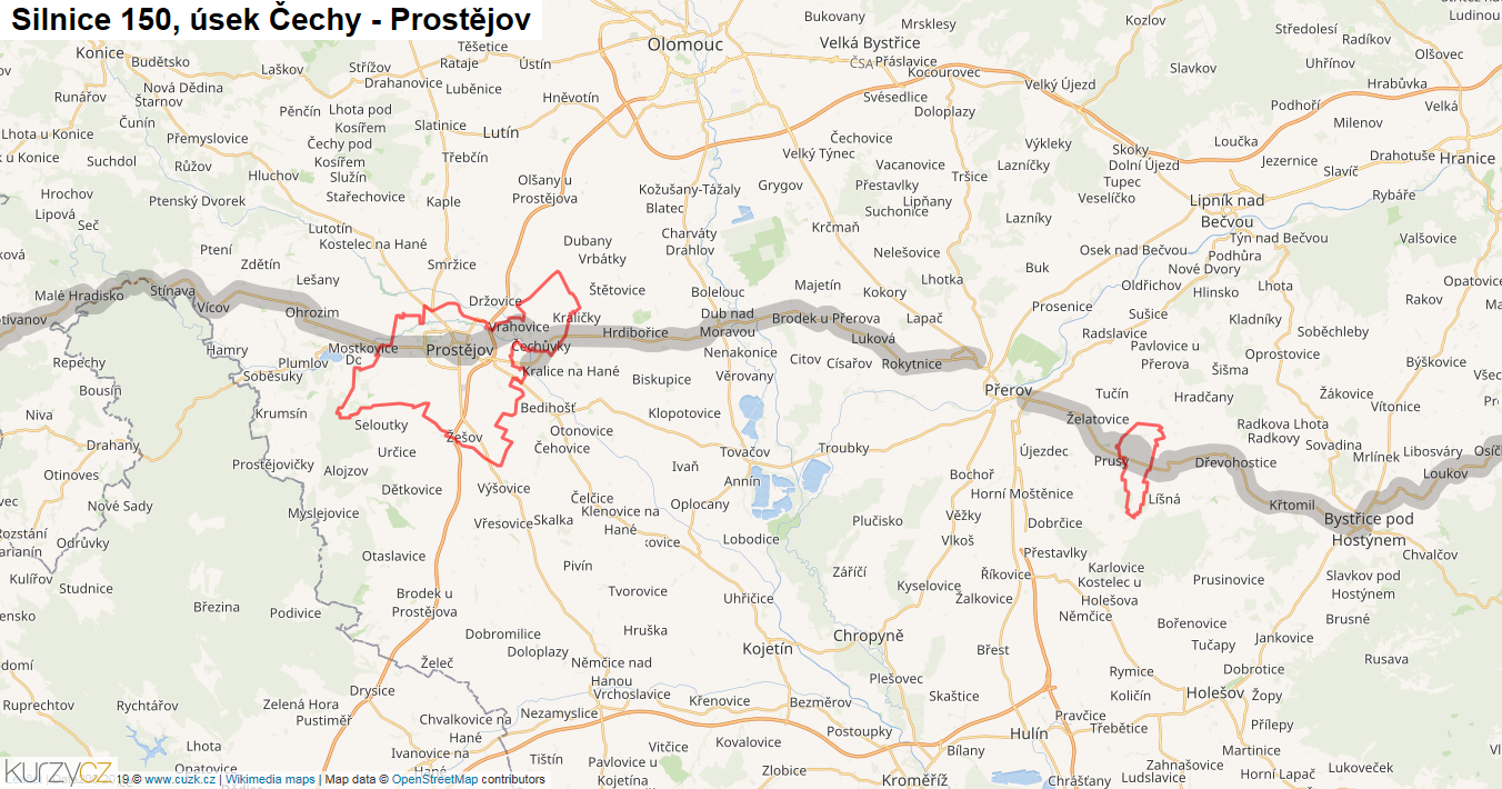 Úsek Čechy - Prostějov, Silnice 150 - Mapa