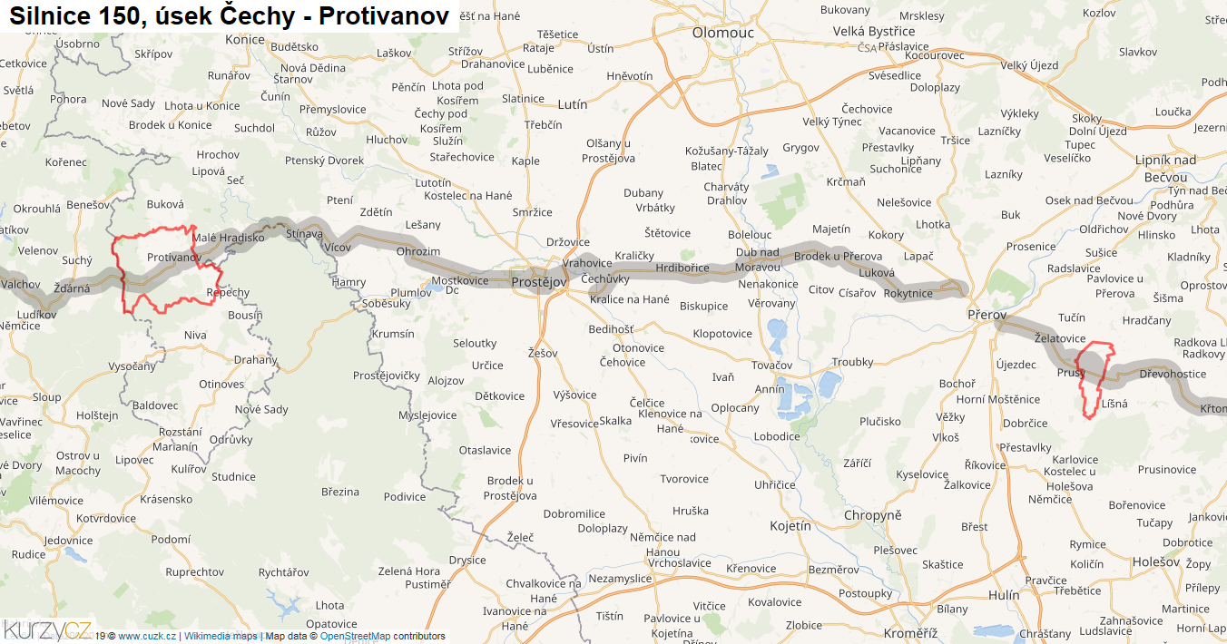 Úsek Čechy - Protivanov, Silnice 150 - Mapa