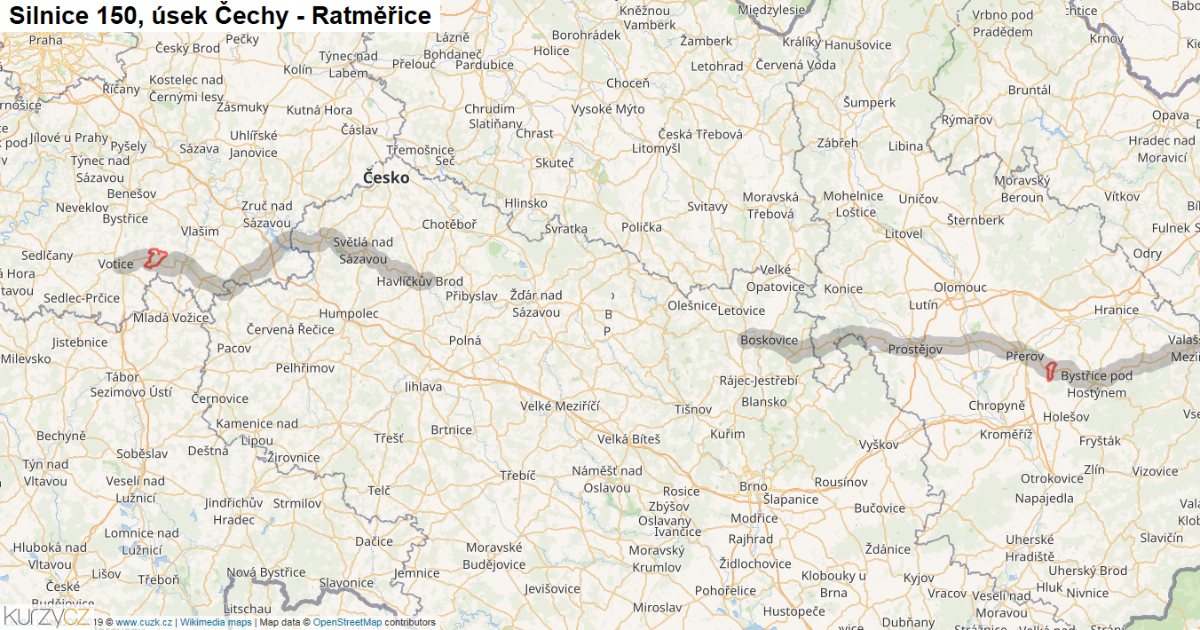 Úsek Čechy - Ratměřice, Silnice 150 - Mapa
