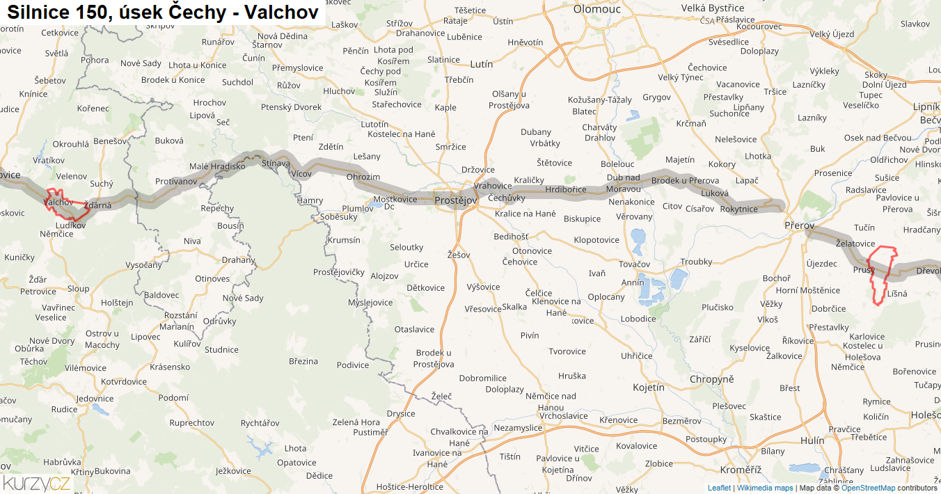 Úsek Čechy - Valchov, Silnice 150 - Mapa